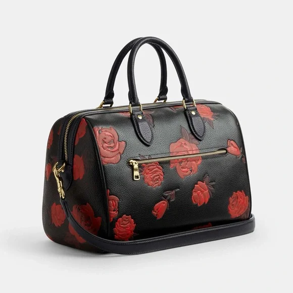 Coach Rowan Large Satchel Bag With Floral Print CCE27 in Black/Red - Picture 3 of 15